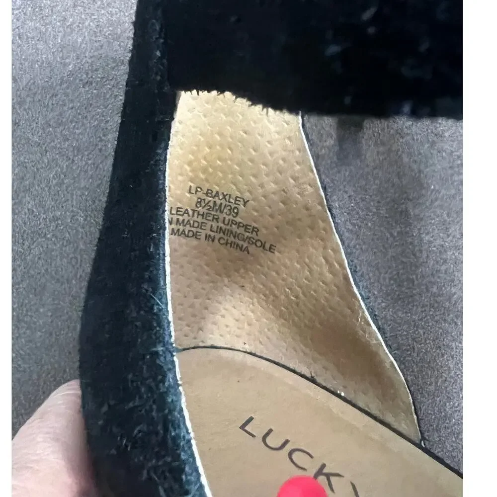 Lucky Brand Baxley Black Suede Peep Toe Stacked Heel Sandal Womem's Size 8.5